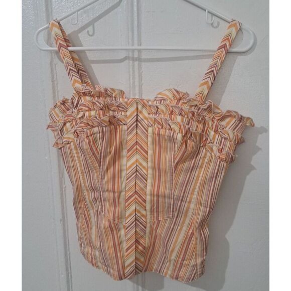 Etcetera Womens Small Yellow Peach Stripe Corset Top Elastic Ruched Back - Picture 1 of 7